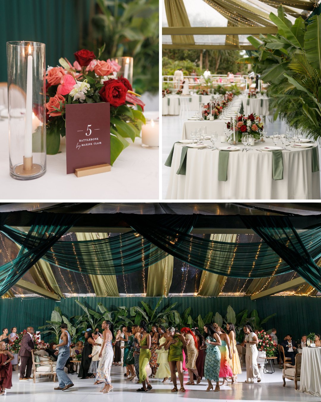 Collage of a formal event with floral centerpieces, round tables with green accents, and guests dancing under draped fabric and greenery.