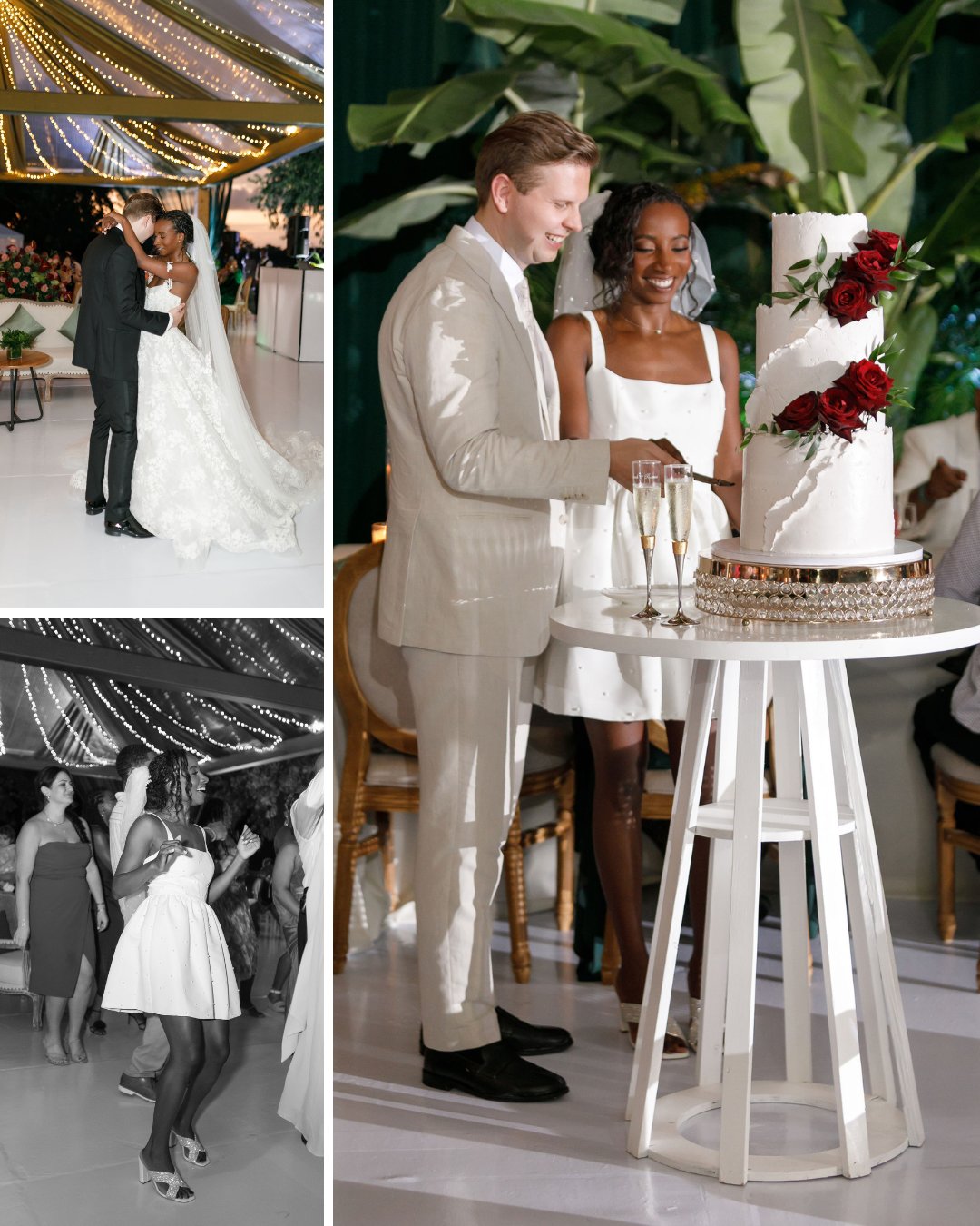 A couple shares their first dance, guests dance at the reception, and the couple stands by a white wedding cake with red flowers, holding glasses.