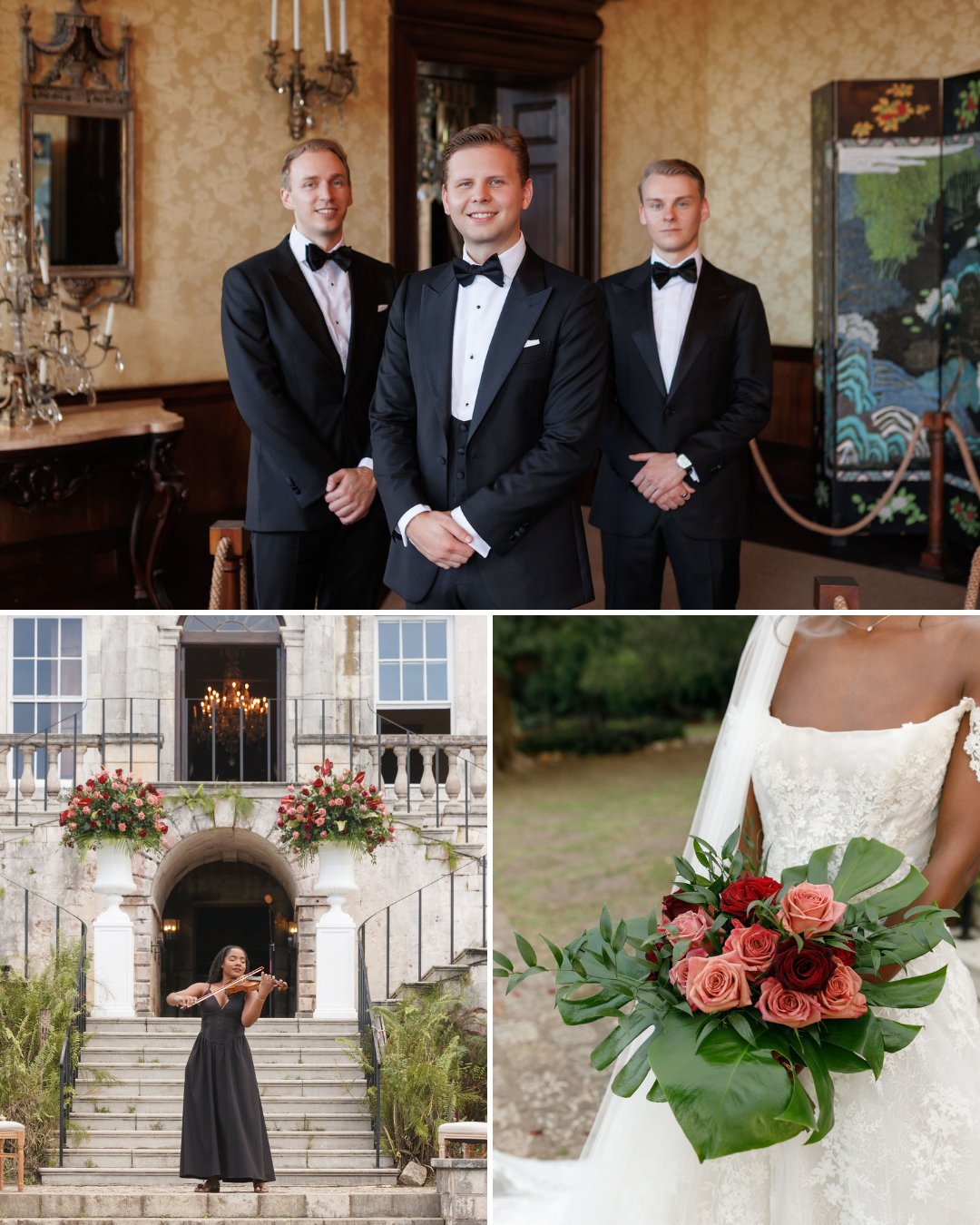 A collage features three men in tuxedos indoors, a woman playing violin on mansion steps, and a bride holding a bouquet of red and pink flowers.