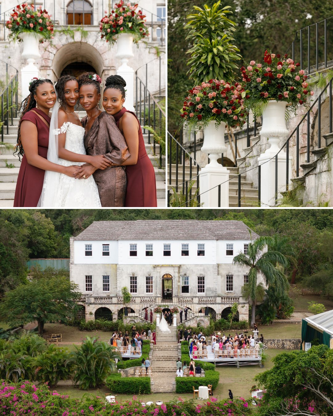 A bride and three bridesmaids pose together outdoors; floral arrangements on stairs; a large group gathers for a wedding in front of a grand estate.