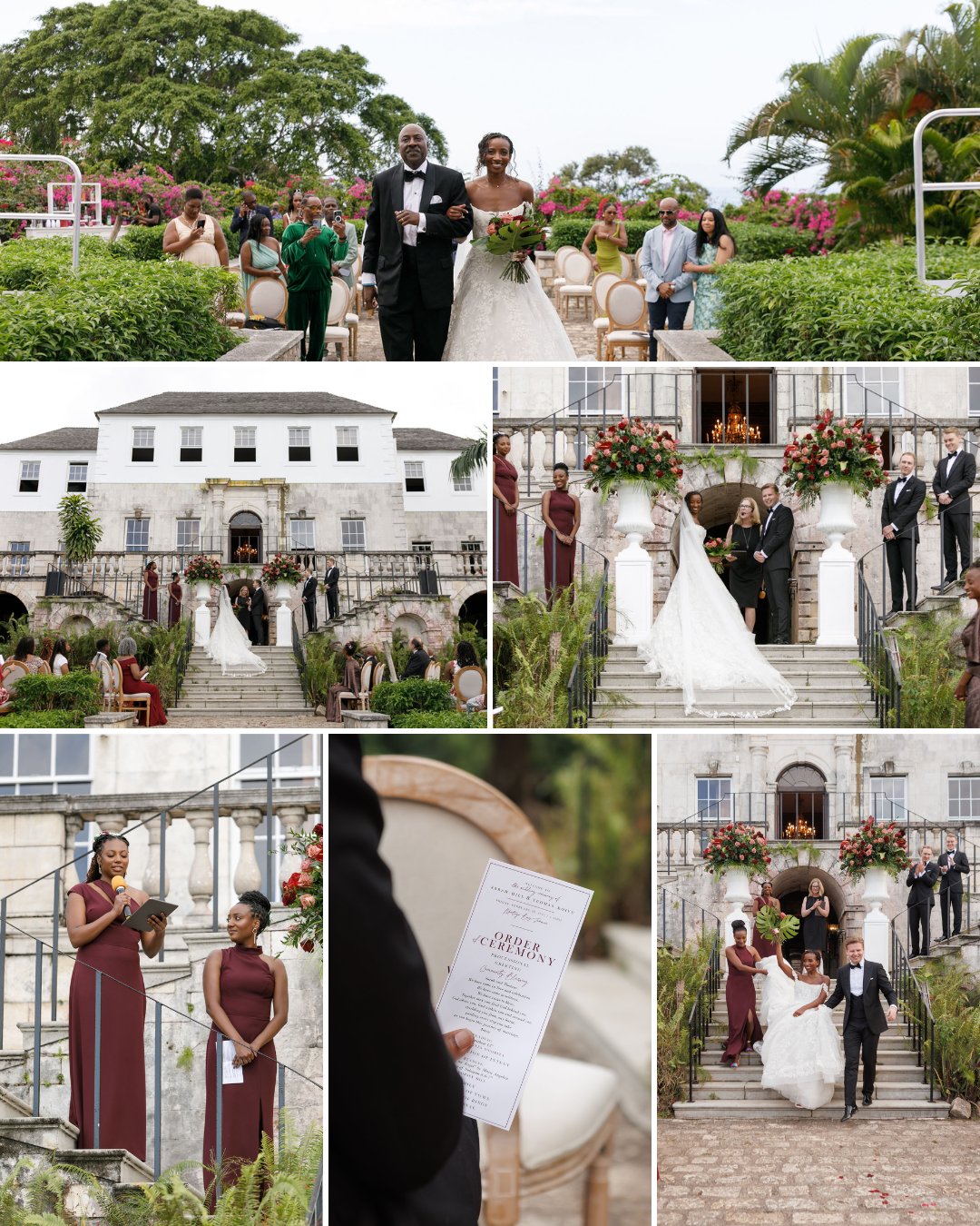 A wedding ceremony and celebration outdoors and on mansion steps, with the bride, groom, guests, and bridesmaids dressed formally.