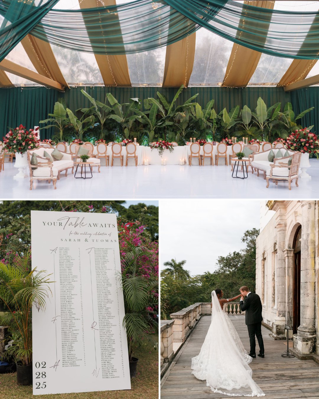A wedding setup with a decorated lounge area, a large seating chart with guests’ names, and a bride and groom walking outside a historic building.