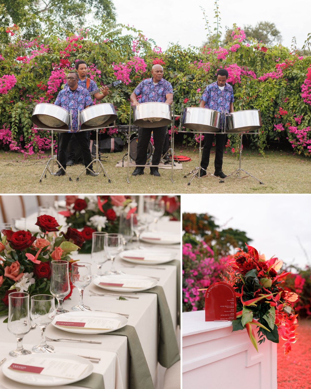Three musicians play steel drums outdoors in front of flowering bushes. Below, two images show a table set for a formal event and a floral arrangement with red and green flowers.