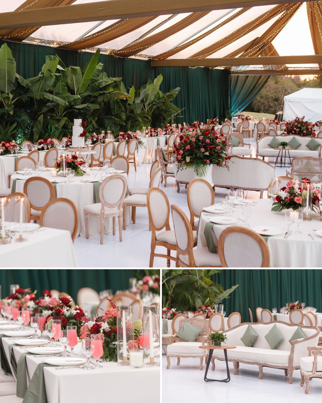 Elegant event space with white round tables, wooden chairs, floral centerpieces, green drapery, and a canopy ceiling; includes detailed views of table settings and a lounge area.