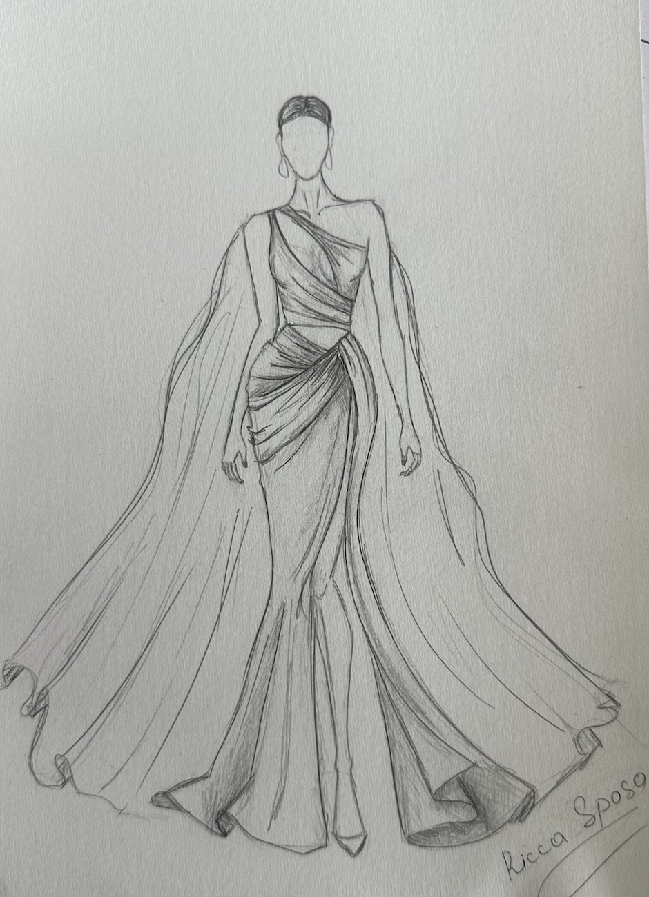 A pencil sketch of a faceless fashion model wearing a one-shoulder, floor-length gown with draped fabric and a flowing cape.