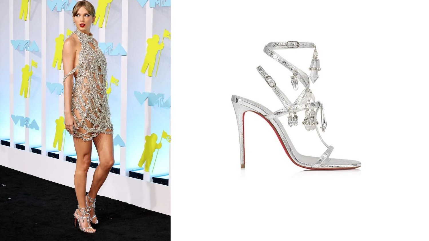 A woman in a silver beaded mini dress and silver high-heeled sandals stands on a red carpet; a close-up of the silver heeled sandal appears on the right.