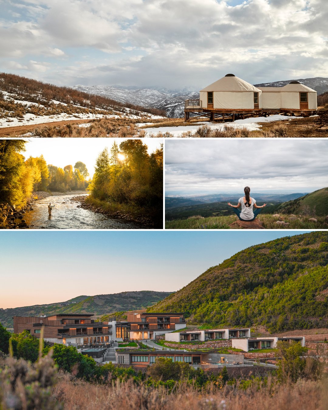 A series of photos shows modern cabins in snowy hills, a person fly fishing in a river, a woman meditating on a mountain, and a lodge complex nestled among green hills.