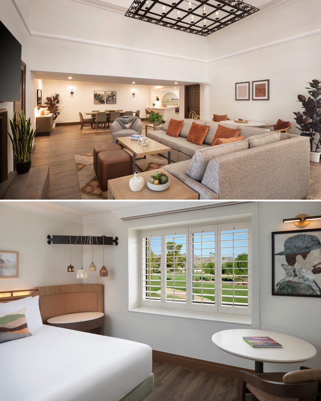 A spacious living room with modern furniture and decor is shown above a bedroom with a bed, small table, chairs, and a window with white shutters.