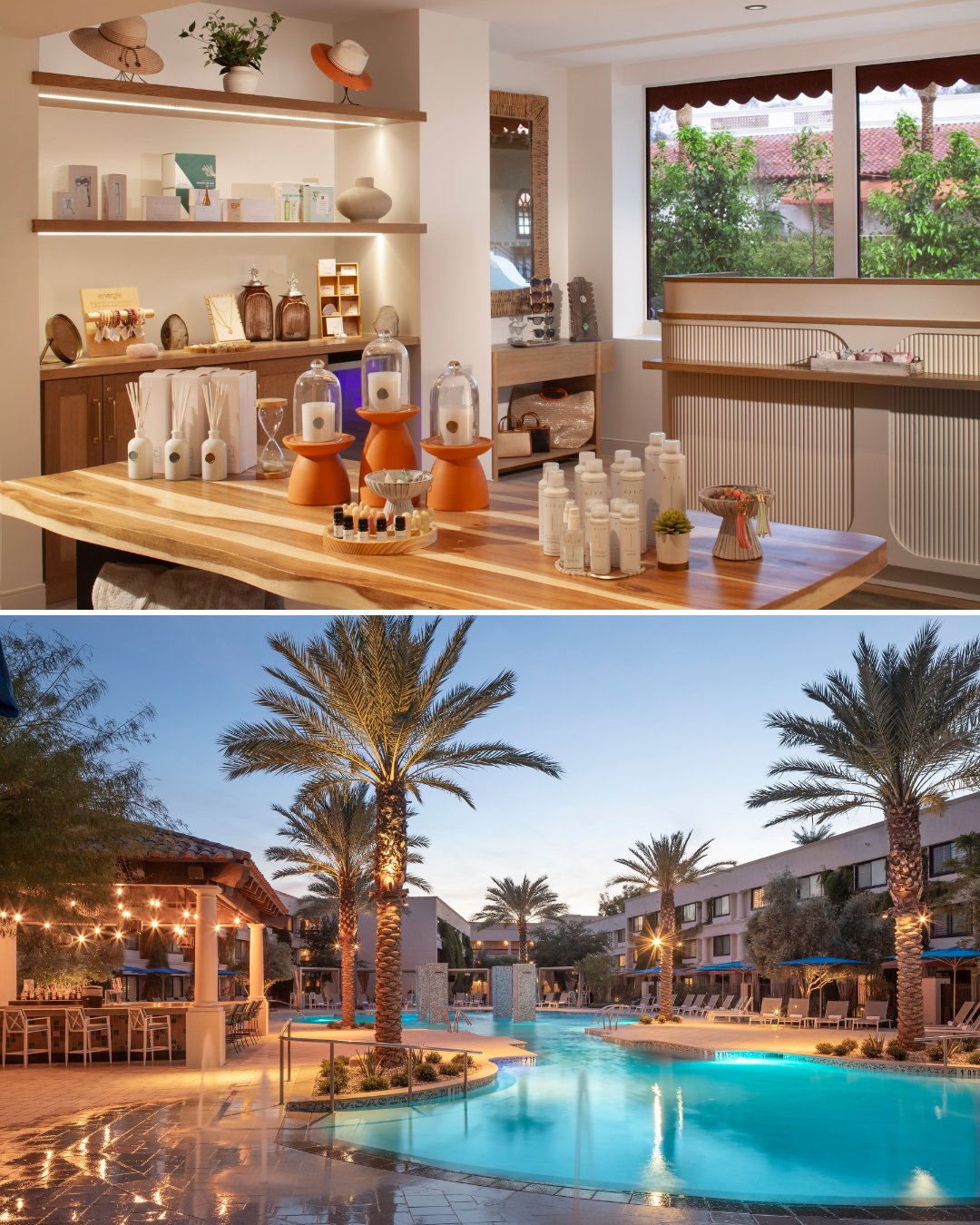 Top: Interior of a retail space with wellness products displayed on wooden tables and shelves. Bottom: Outdoor pool area with palm trees, lounge chairs, and a bar at dusk.