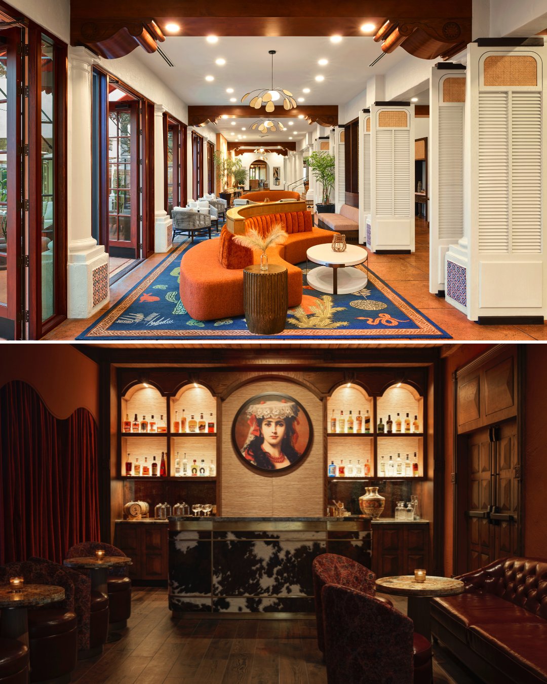 Split image: Top shows a bright lounge with orange seating and large windows; bottom shows a dimly lit bar with red chairs, bottles on shelves, and a portrait above the counter.
