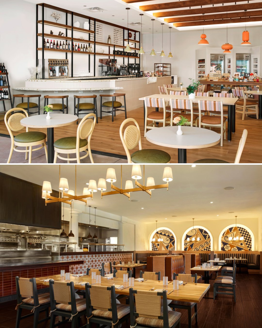 Two restaurant interiors: the first features a modern bar with high shelves and light wood furnishings; the second has a dining area with wooden booths, open kitchen, and decorative wall arches.