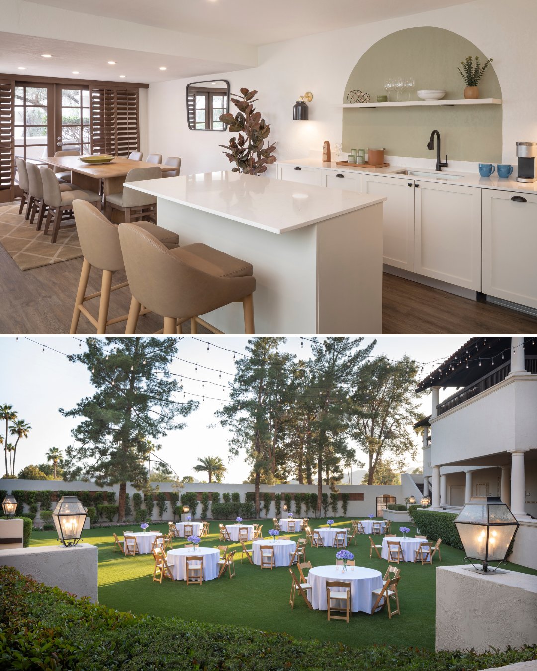 Top: Modern kitchen and dining area with neutral tones and bar stools. Bottom: Outdoor event setup with round tables and chairs on a lawn, surrounded by trees and string lights.