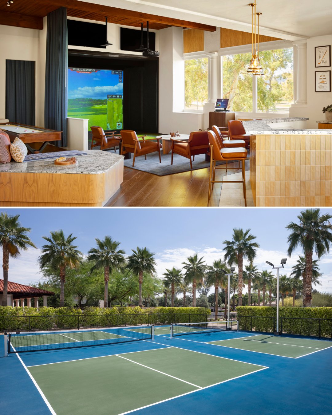 Top: Modern indoor lounge with golf simulator and seating. Bottom: Outdoor tennis and pickleball courts surrounded by palm trees and greenery under a sunny sky.