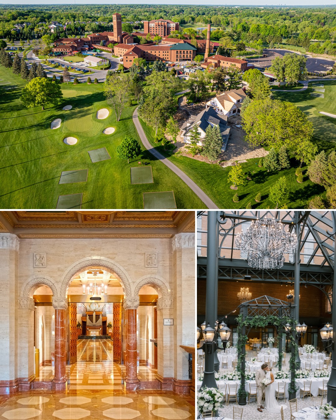 Aerial view of a large estate with golf course, an ornate hallway with marble floors, and an elegant indoor dining area set for an event.