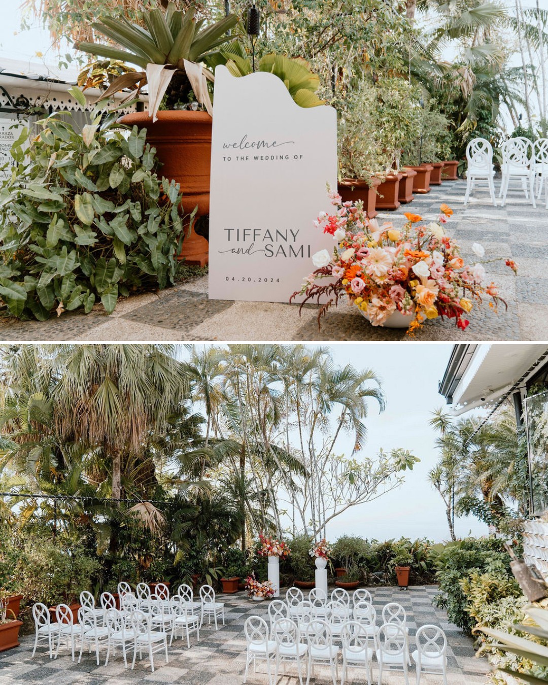 Outdoor wedding ceremony setup with rows of white chairs, tropical plants, a welcome sign for Tiffany and Sami, and a floral arrangement.
