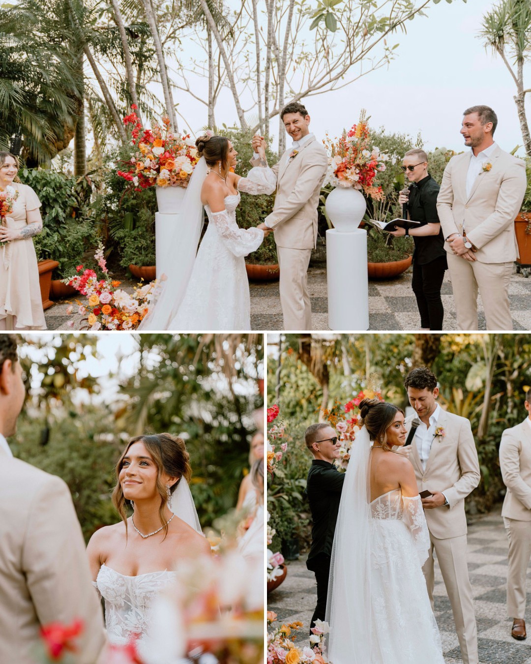 A bride and groom stand facing each other during an outdoor wedding ceremony, with officiant and best man present among vibrant floral arrangements.