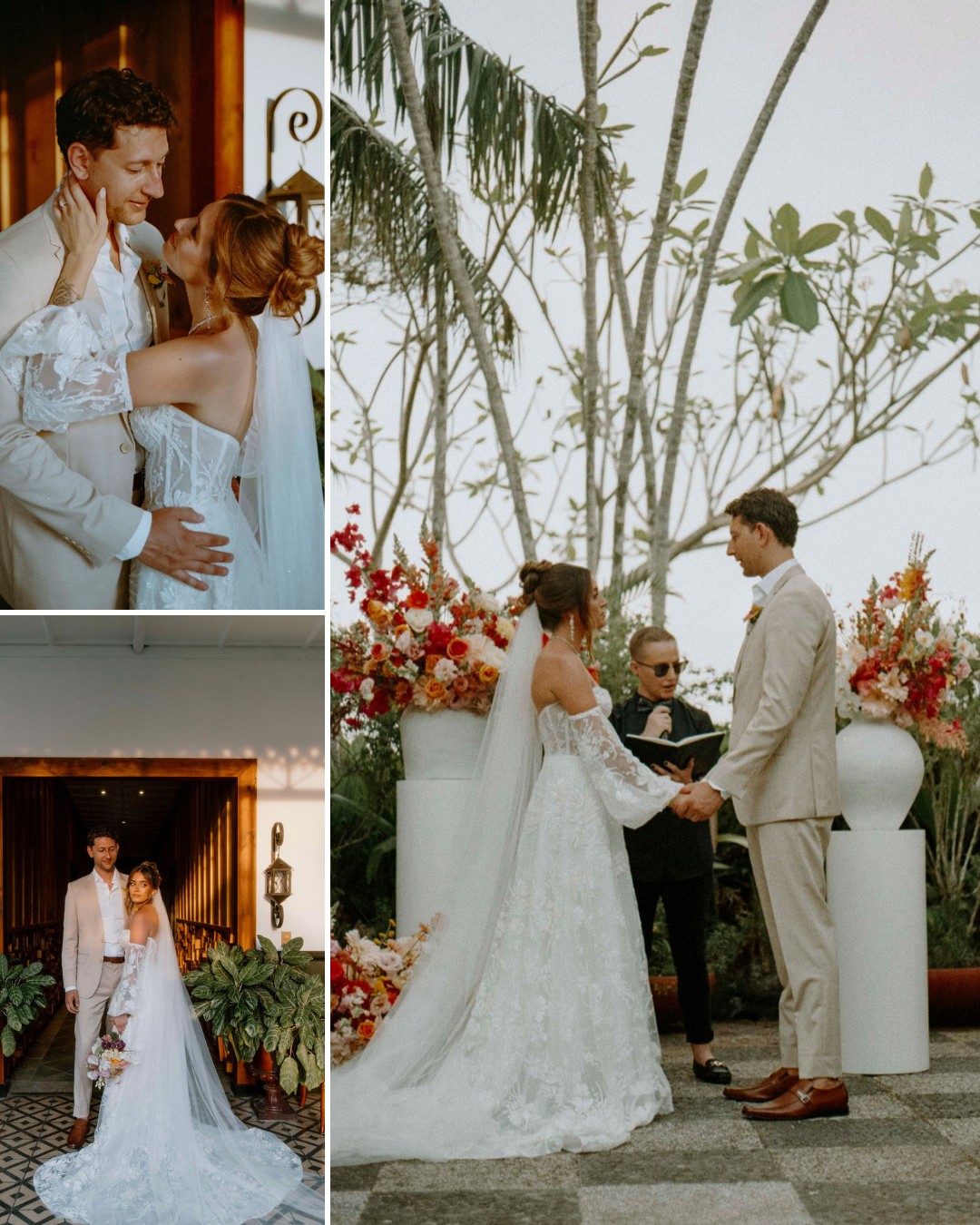 A bride and groom pose for wedding photos and stand together during an outdoor ceremony with a floral arrangement and an officiant.