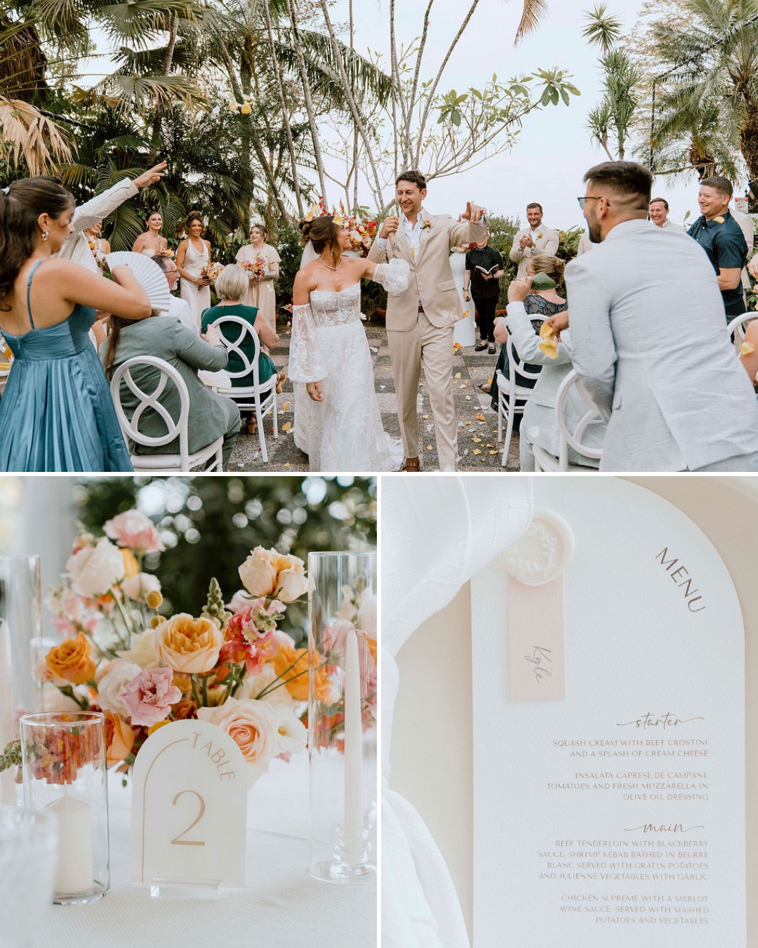 A bride and groom walk down the aisle outdoors while guests cheer; below are a floral table centerpiece and a close-up of a wedding menu.