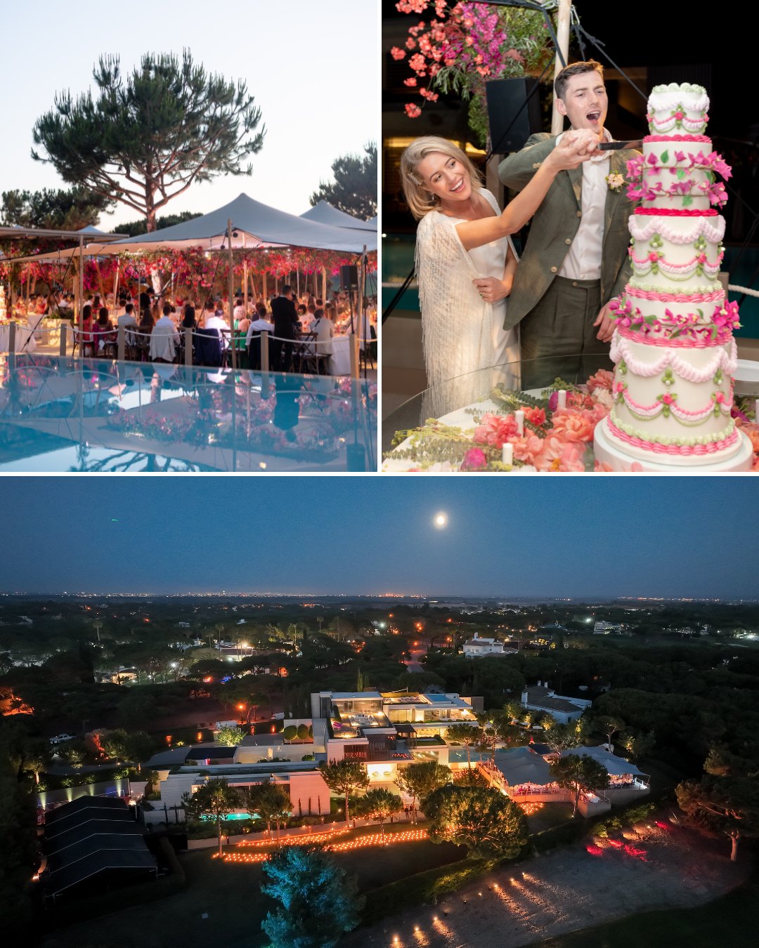A collage shows an outdoor wedding reception, a couple cutting a multi-tiered cake, and an aerial view of a venue at night.