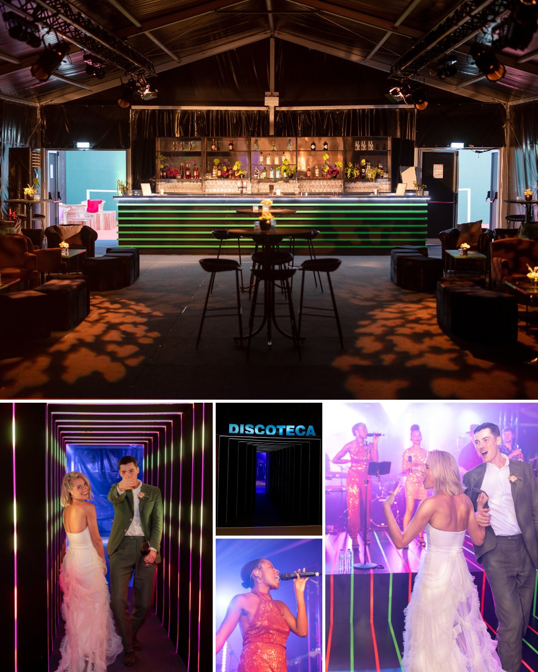 A modern indoor bar setup with lounge seating above; below, people dressed formally dance, sing, and walk through a neon-lit tunnel under the sign "Discoteca.