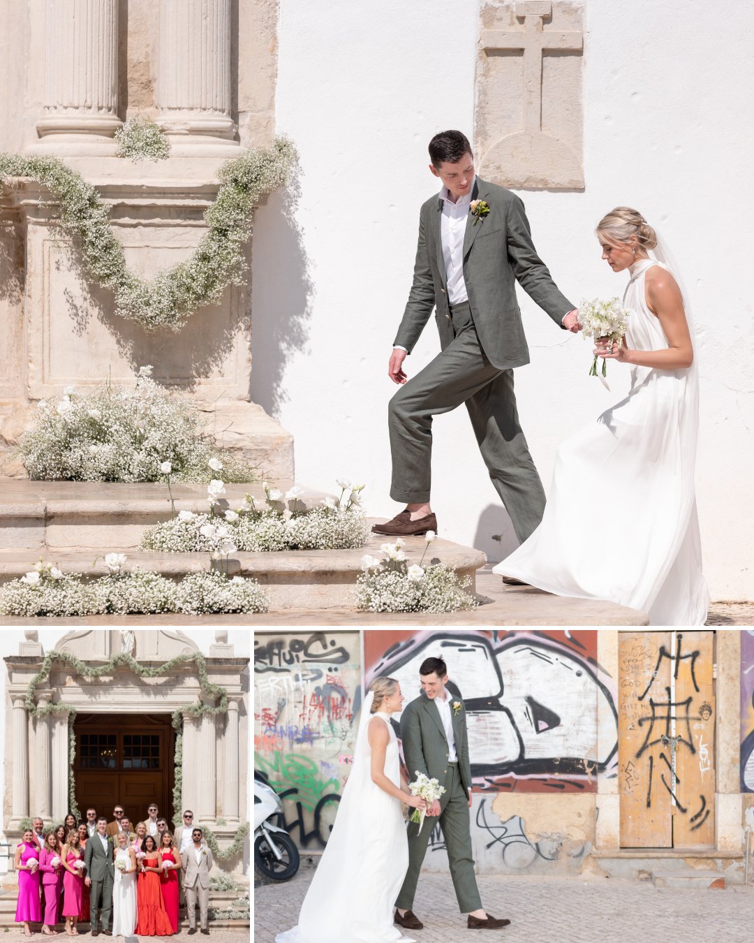 A bride and groom pose for photos at their wedding; one image shows them walking, another with guests, and a third against a graffiti wall.