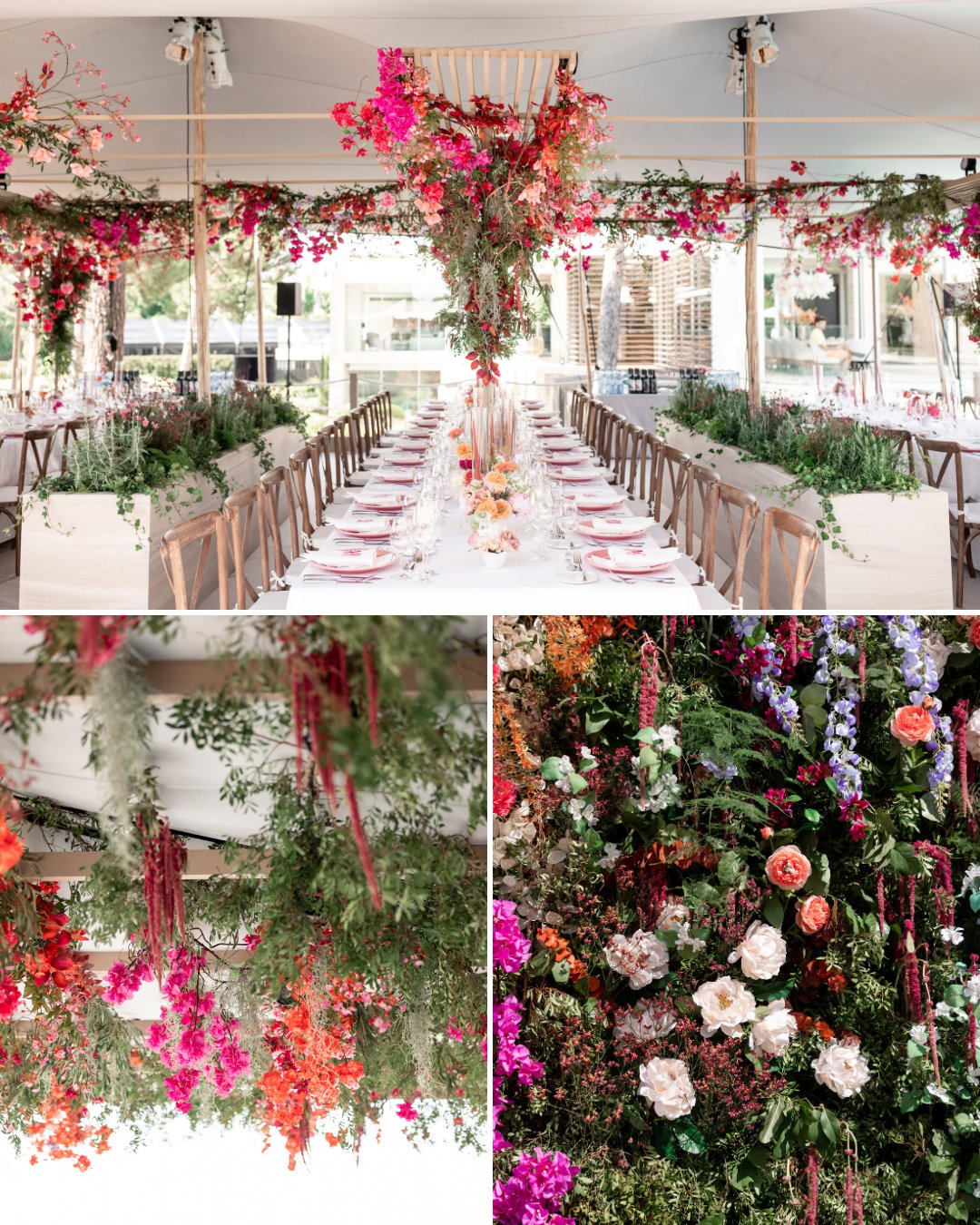 A long banquet table is set under a canopy decorated with hanging pink, red, and white flowers and greenery, with floral arrangements visible in close-up views below.