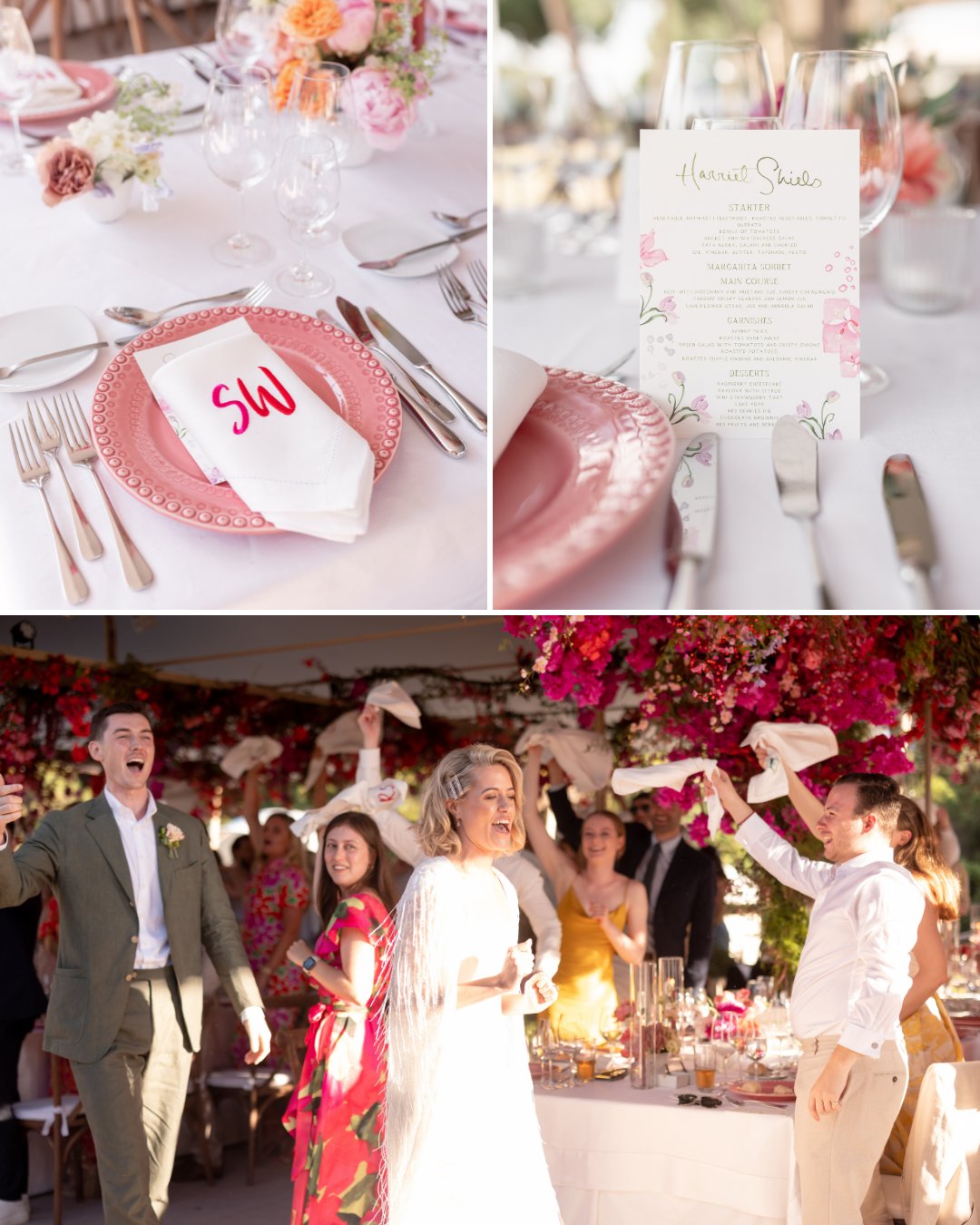 A wedding scene with decorated tables, a printed menu card, personalized napkin, and guests celebrating with flower petals and raised napkins.
