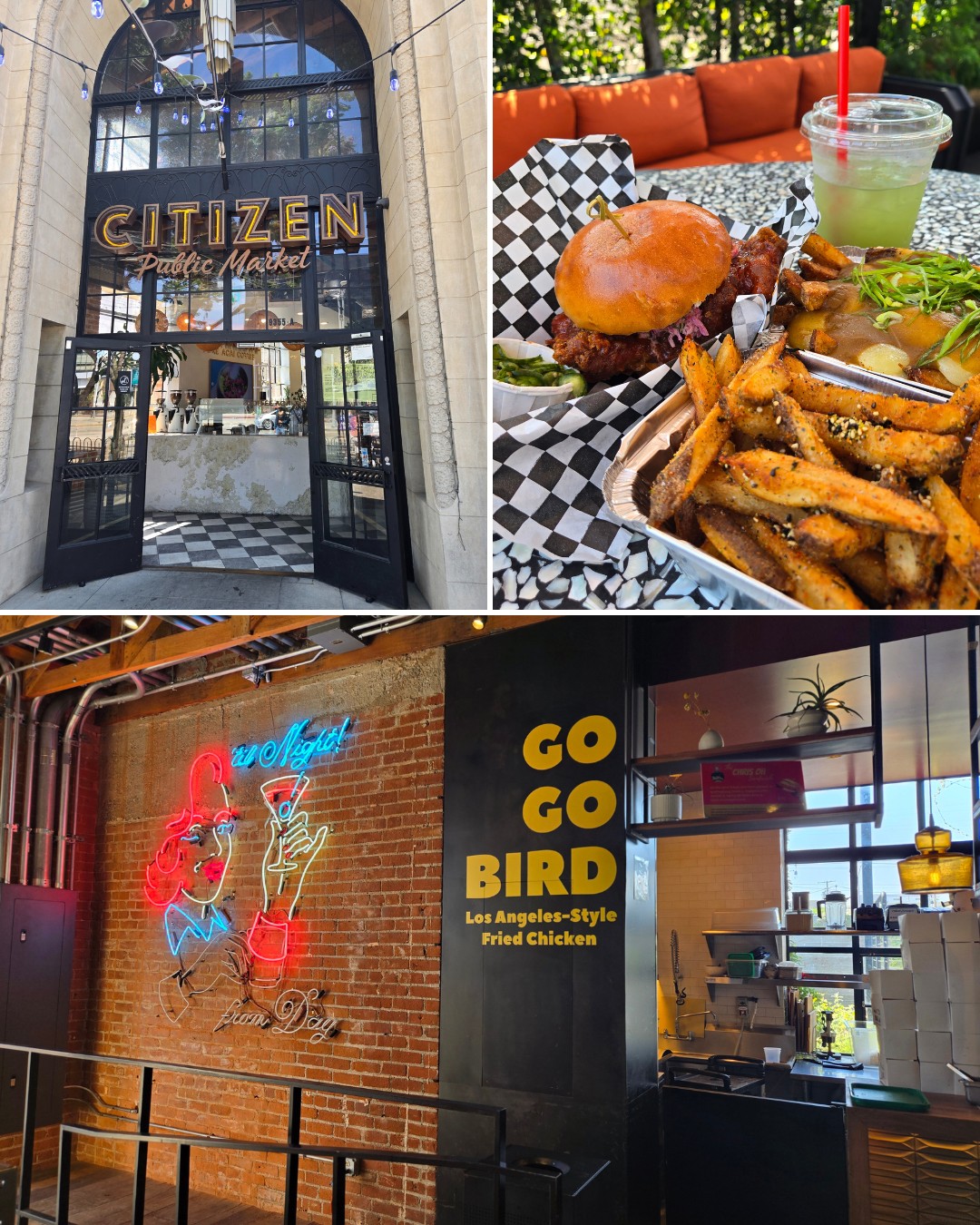 Collage showing the entrance to Citizen restaurant, a fried chicken sandwich meal with fries, and the interior of Go Go Bird with a neon chicken sign.