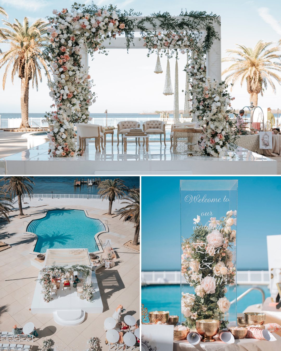 Outdoor wedding setup by a pool with a floral arch, white seating, and gold accents, surrounded by palm trees and ocean views.