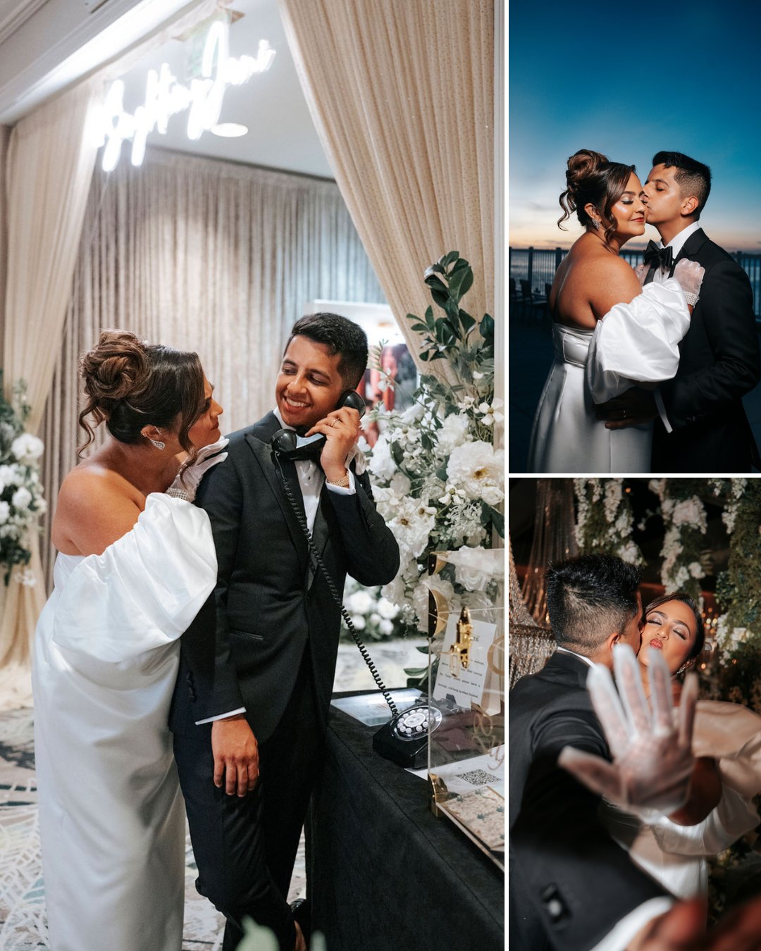 A bride and groom in formal attire share joyful moments at their wedding, posing playfully by a vintage phone and embracing outdoors.