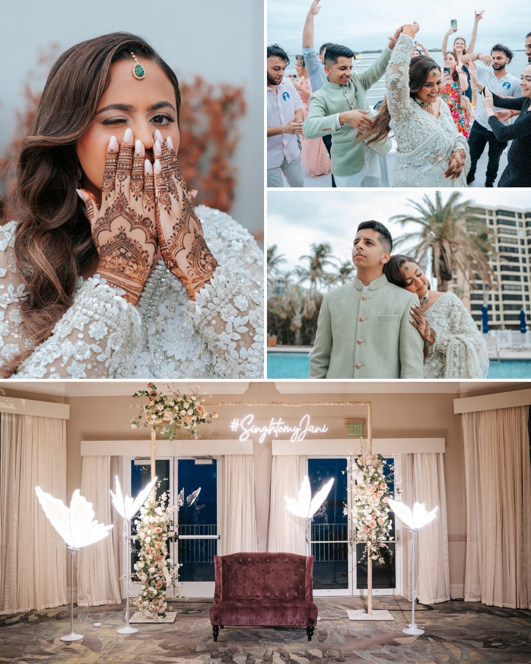 A woman with henna on her hands, a couple celebrating outdoors with guests, and a decorated indoor setting with floral arrangements and neon sign.