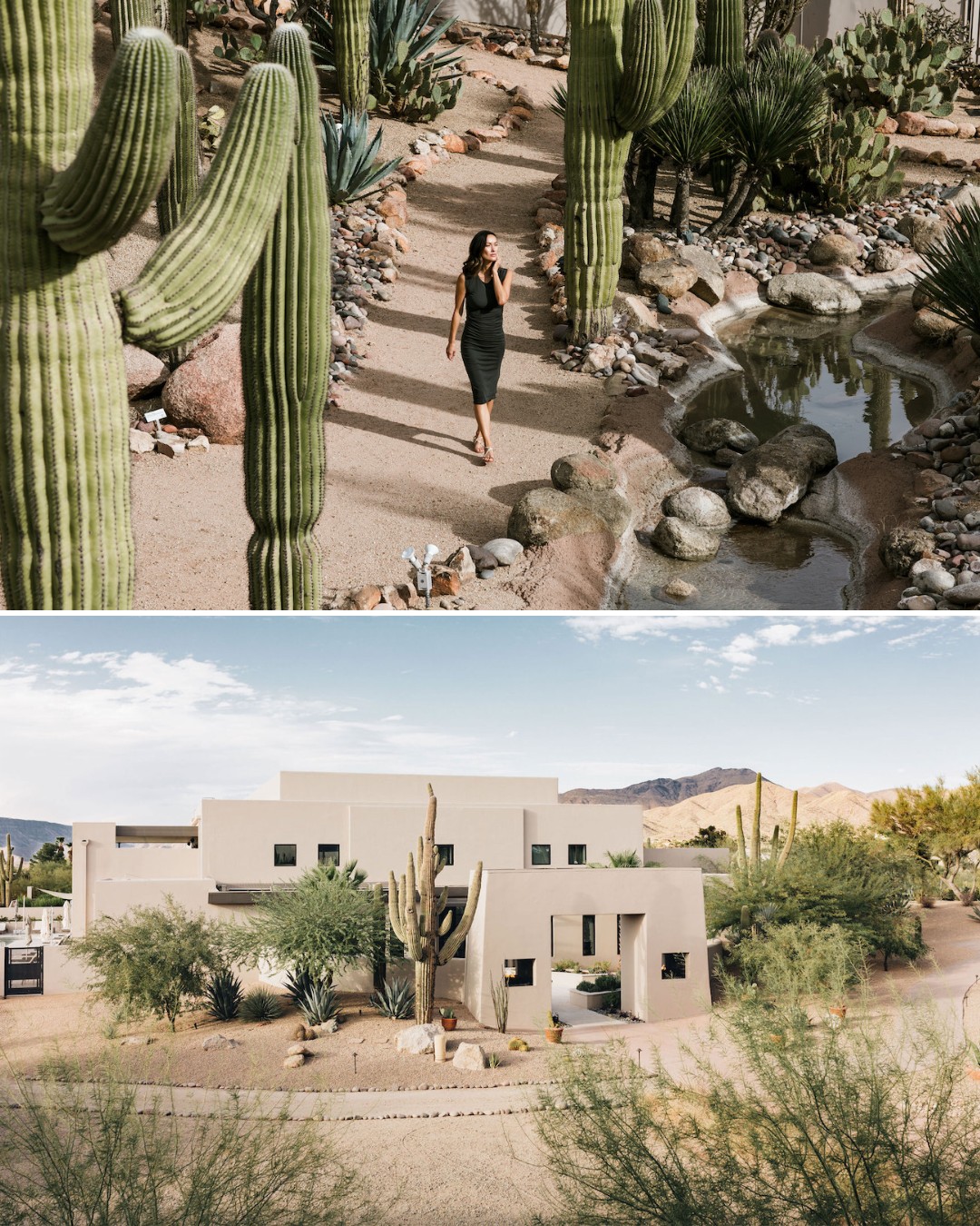 A woman walks along a desert garden path with cacti and rocks; below, a modern house is surrounded by desert vegetation and mountains.