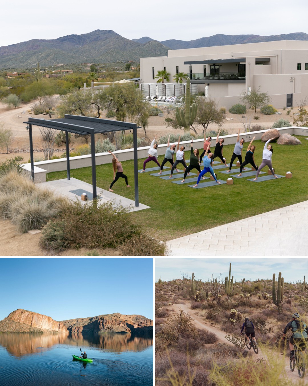 A group practices yoga on a lawn beside a modern house; below, a person kayaks on a lake and two people ride bikes on a desert trail surrounded by cacti.