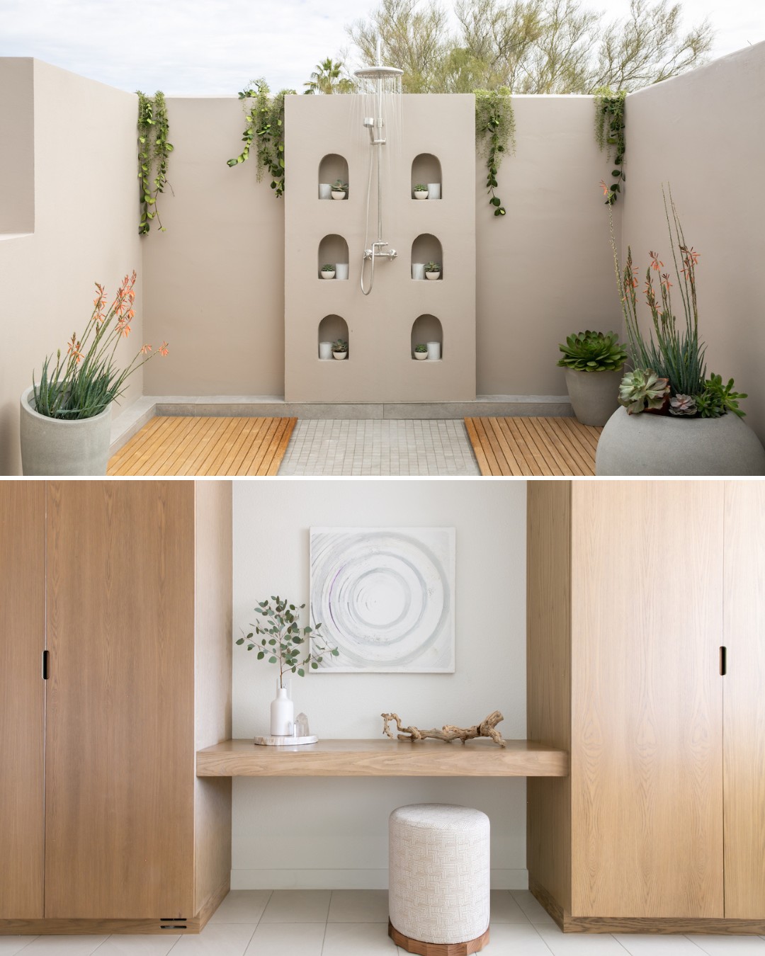 Top: Outdoor shower with wall niches, potted plants, and wooden mats. Bottom: Minimalist bathroom vanity with wood cabinets, round stool, and wall art.