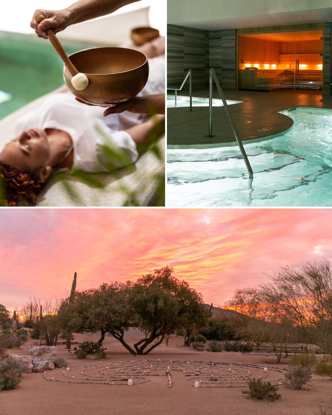 Collage showing a person receiving a sound healing therapy, an indoor pool and sauna, and a desert landscape at sunset.