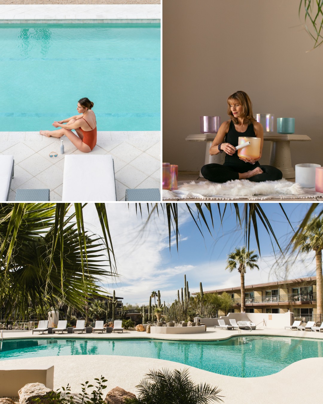 Collage of three images: a woman sits by a pool, a woman sits cross-legged indoors with candles, and a view of a resort pool area with palm trees.