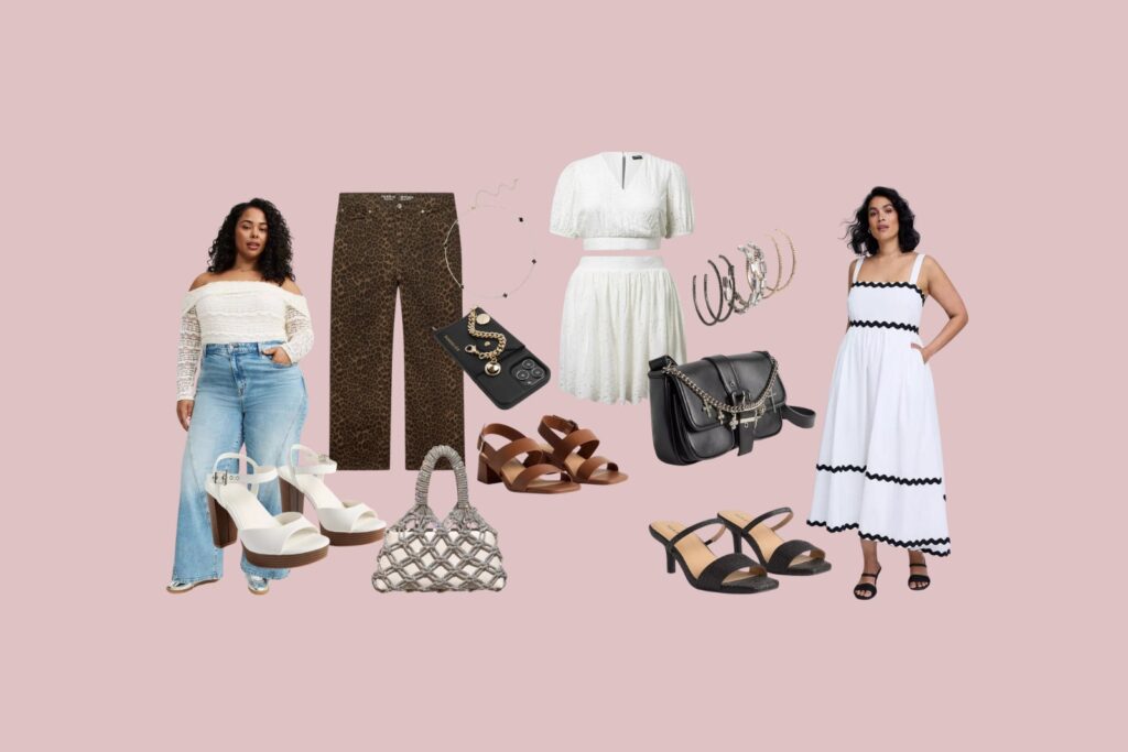 Two women model spring outfits, surrounded by accessories including handbags, sandals, jewelry, and a pair of leopard-print pants, all set against a light pink background.