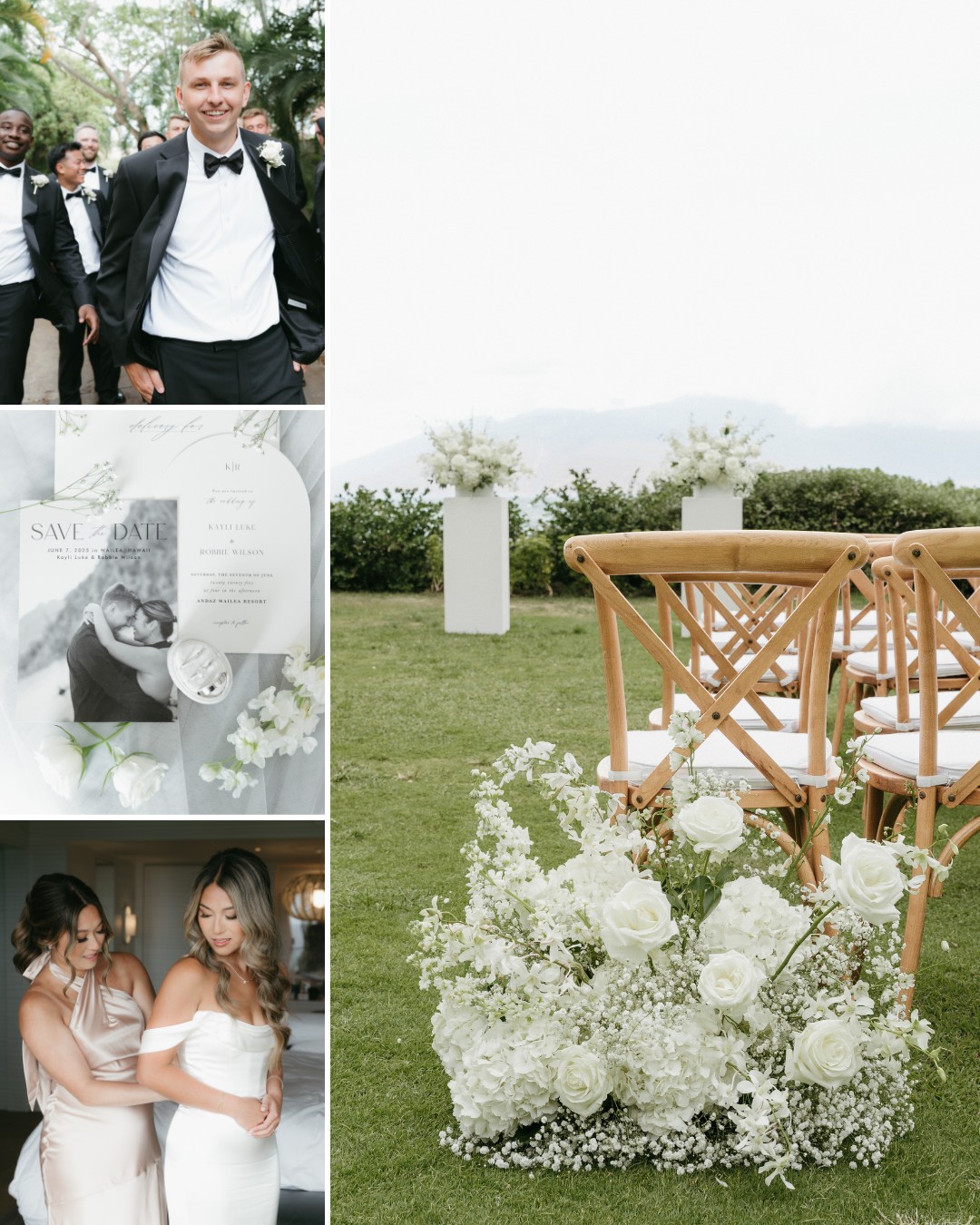 A collage featuring a man in a tuxedo, wedding invitations, two women in formal dresses, and an outdoor wedding setup with white flowers and wooden chairs.