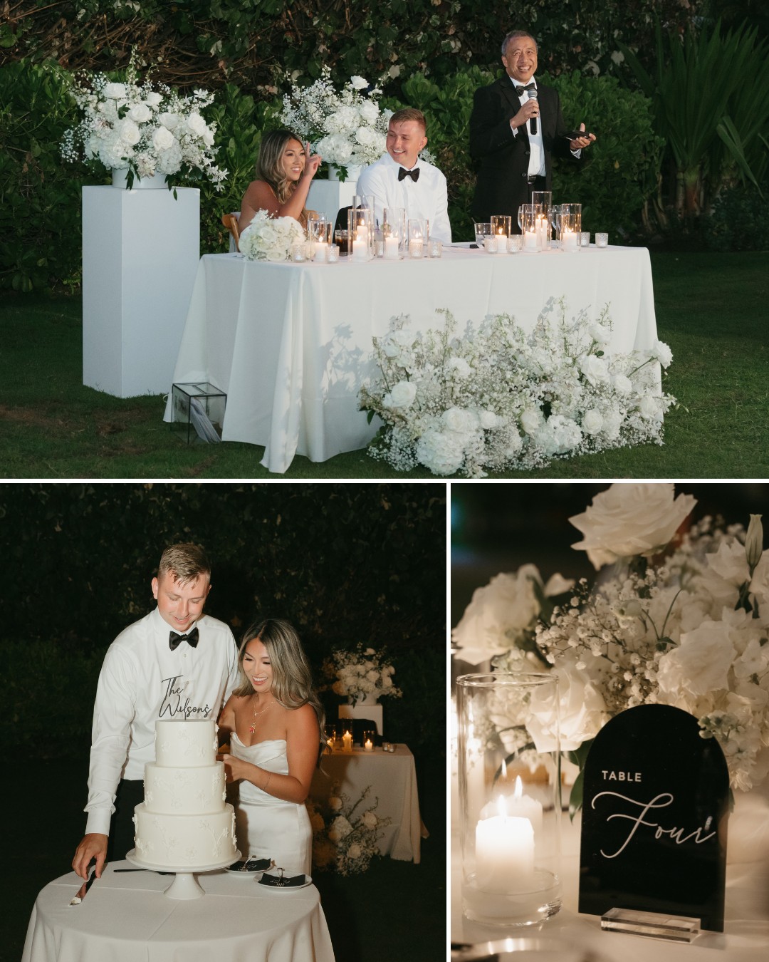 A wedding reception with a couple seated at a decorated table, a man giving a speech, a cake-cutting moment, and a close-up of floral table decor with a "Table Four" sign.