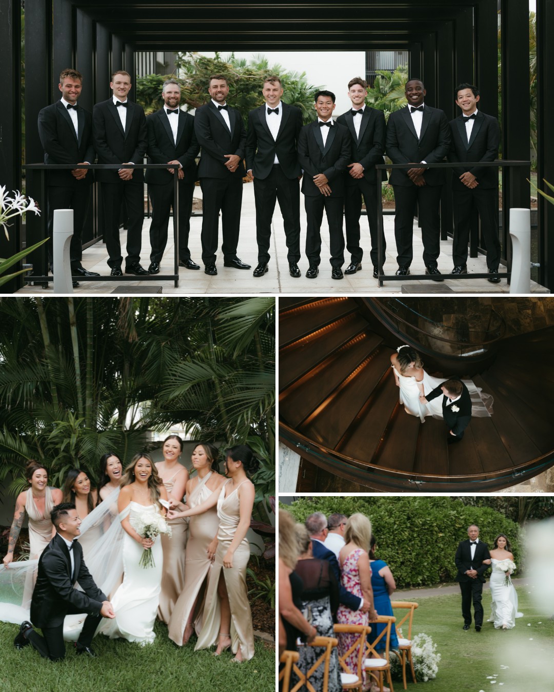 Four wedding scenes: groomsmen in tuxedos, bridal party posing outdoors, bride and flower girl on stairs, and bride walking down the aisle with an escort.