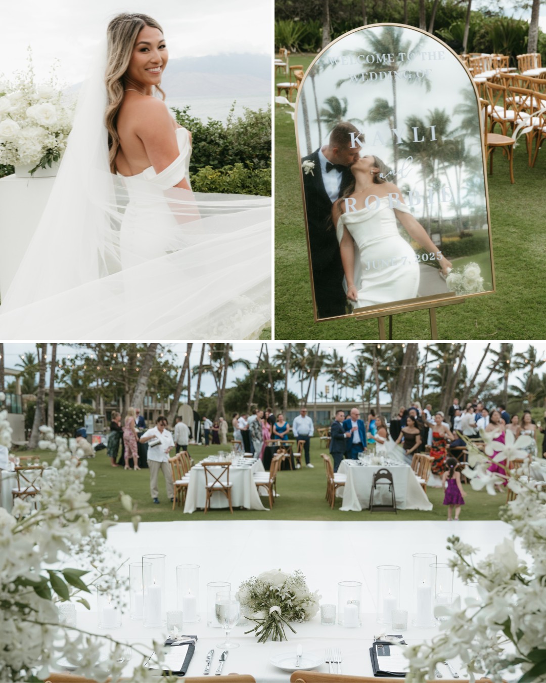A bride in a white dress poses outdoors, her reflection visible in a mirror; guests are gathered on a lawn, and a white floral table setting is displayed.