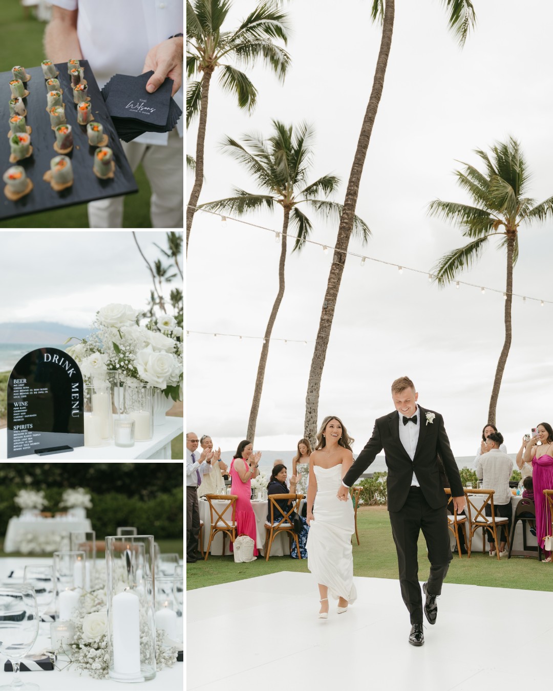 Collage of a wedding: newlyweds walk outdoors, guests watch, a tray of appetizers, a white floral table setup, and a black-and-white drink menu surrounded by flowers.