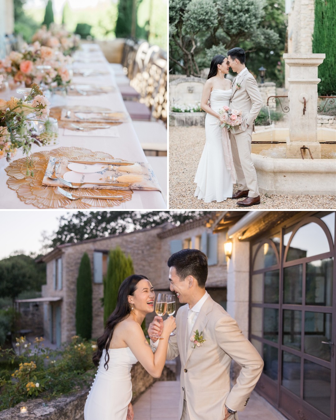 A bride and groom pose together outdoors; a decorated wedding table is set for guests; the couple clink glasses, smiling, outside a Mediterranean-style building.