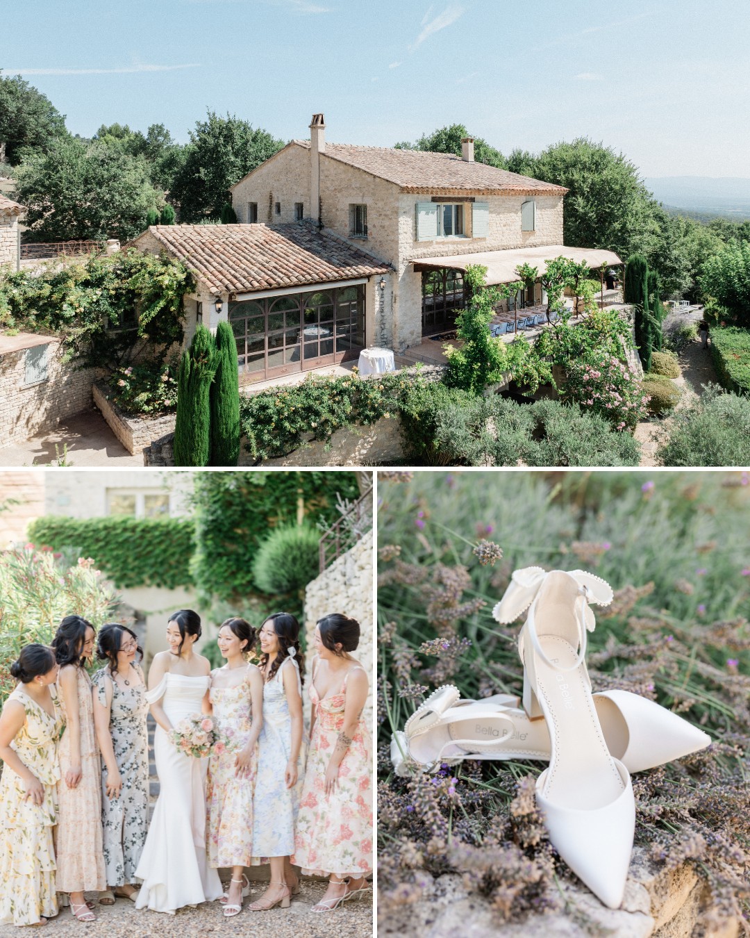 A stone villa surrounded by greenery, a bride with bridesmaids in pastel dresses, and a close-up of white bridal shoes with bows.