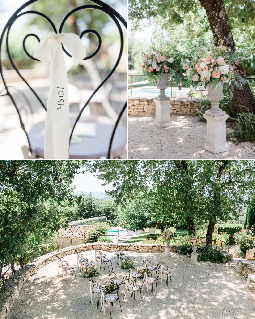 A small outdoor wedding ceremony setup with white chairs, floral arrangements in stone vases, and trees providing shade in a garden setting.