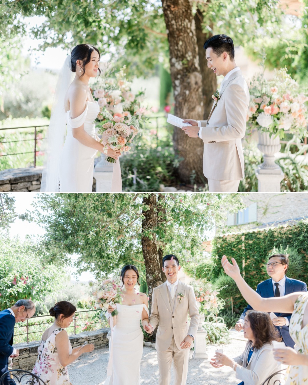 Two images: A bride and groom exchange vows outdoors under a tree; then walk together, smiling, as guests applaud during their wedding ceremony.