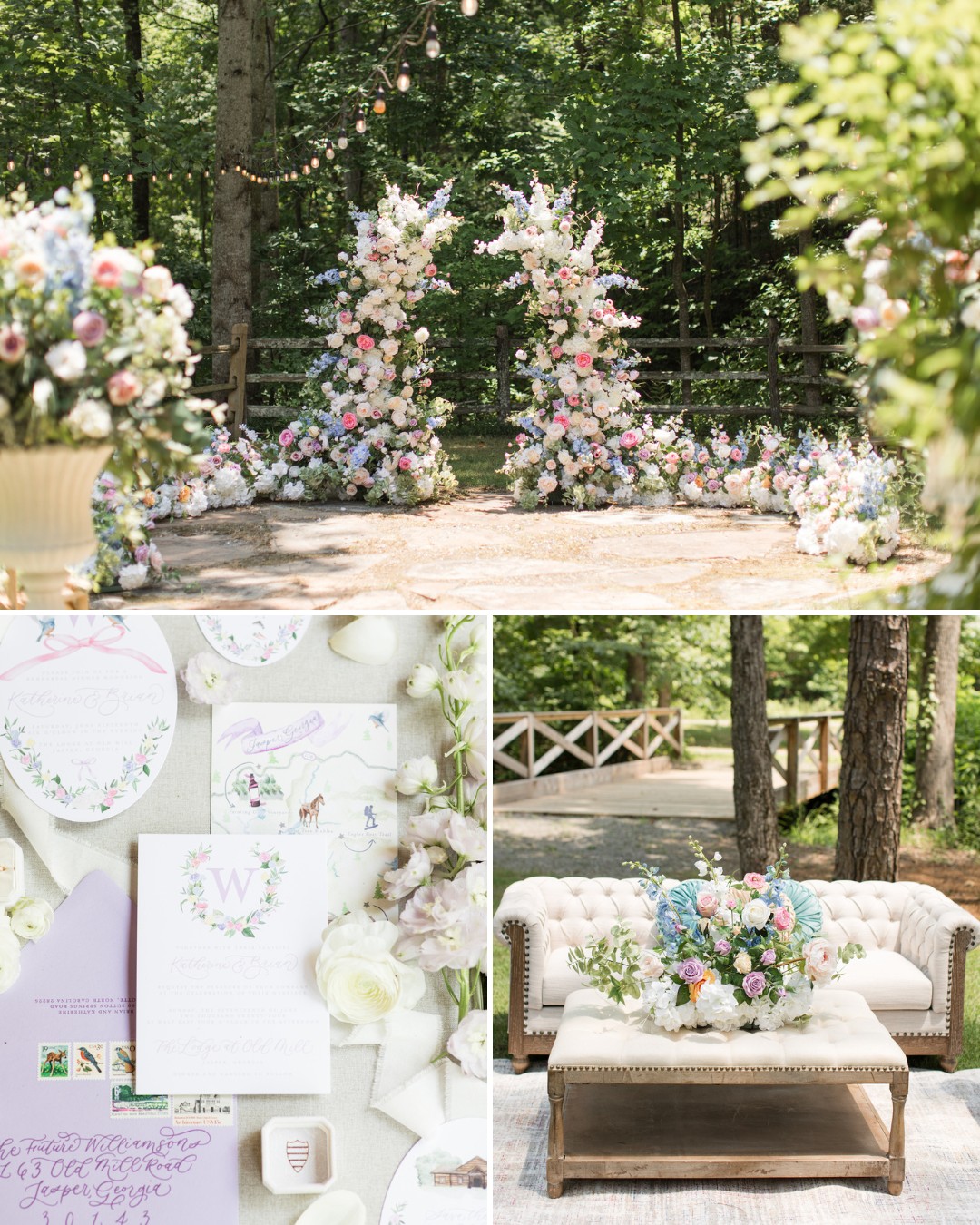 A floral wedding arch outdoors, pastel floral arrangements on a table and couch, and wedding stationery with floral designs displayed on a flat surface.