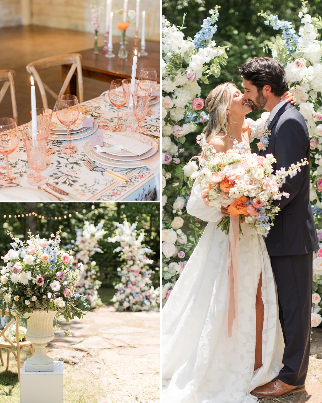 A bride and groom stand in front of a floral arch, a decorated dining table with candles, and a cake with floral decorations.