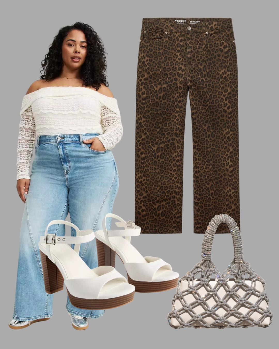 A woman wears a white off-shoulder top and wide-leg jeans, shown with leopard print pants, white platform sandals, and a silver mesh handbag on a gray background.