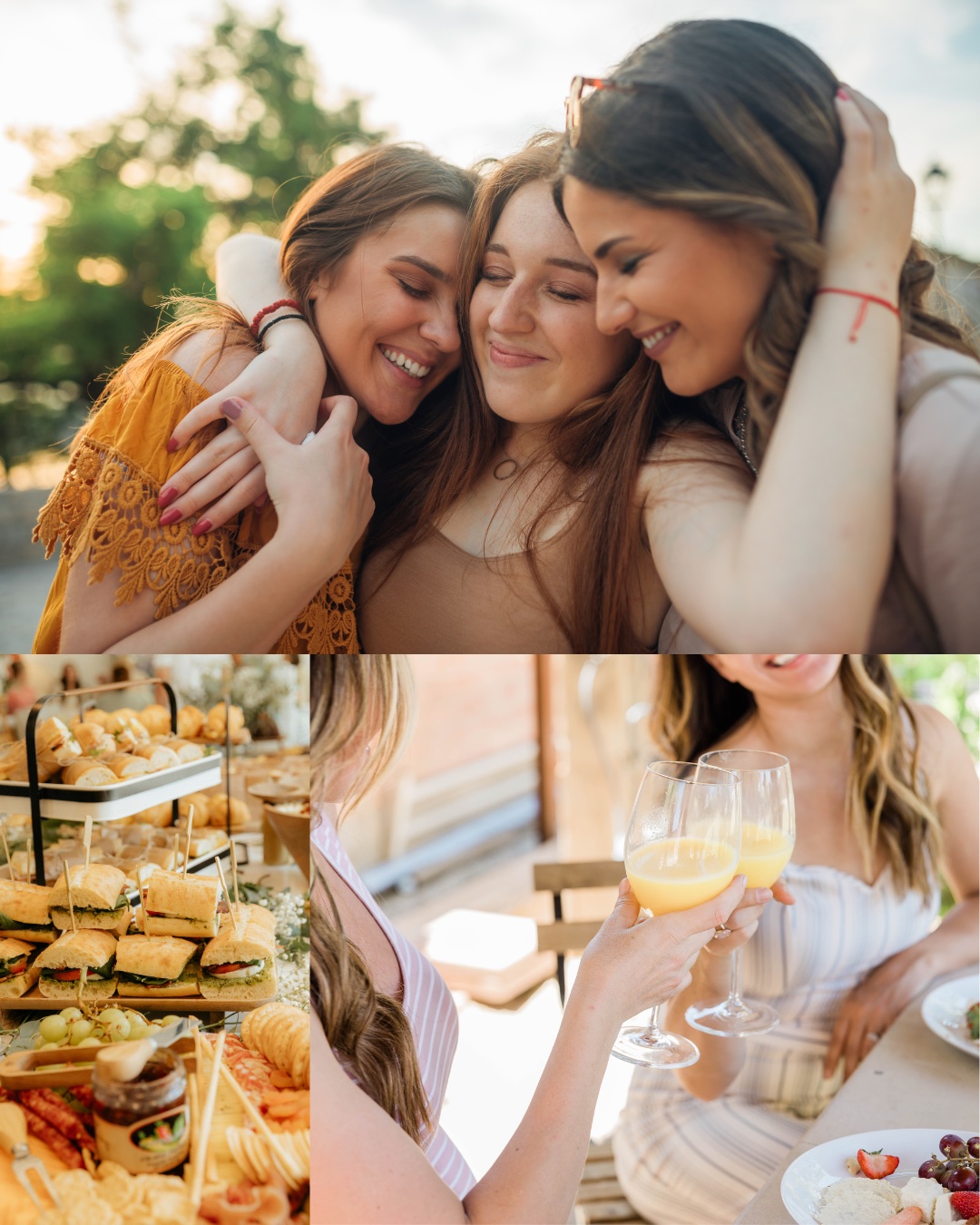 Three women hugging and smiling outdoors, with images below showing a table of assorted pastries and two people clinking glasses of orange juice.